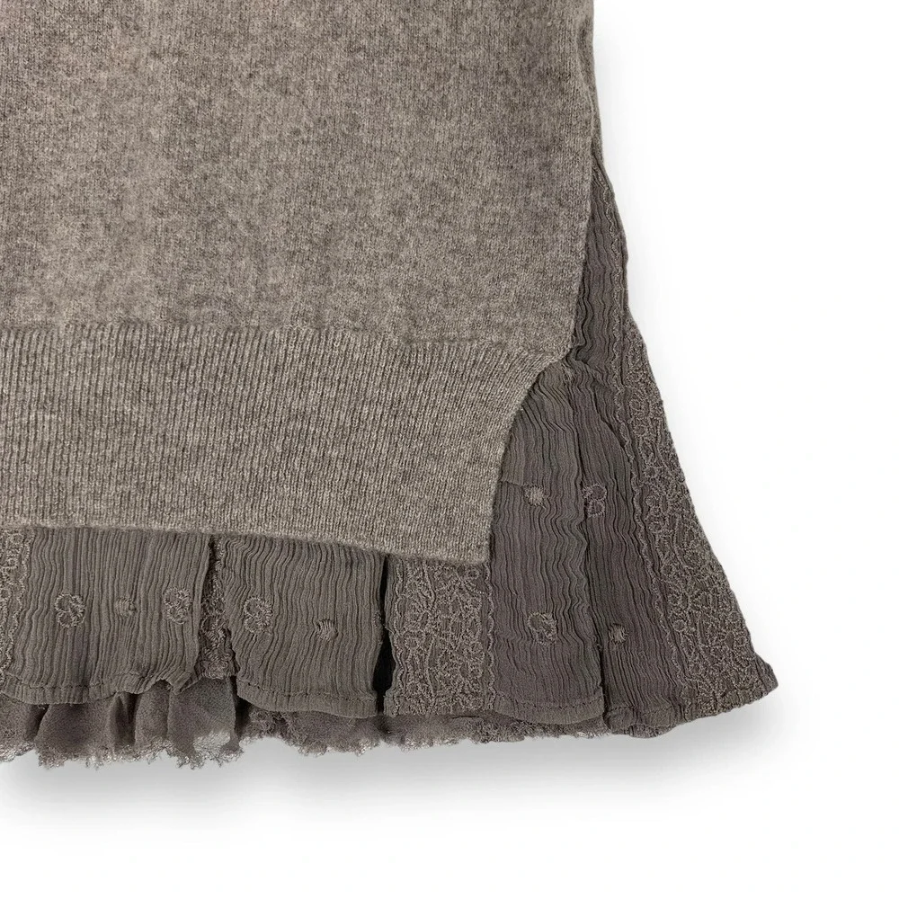 Garnet Hill Gray Beige Greige Cashmere Lace Ruffle Hem Long Sleeve Sweater - Picture 6 of 8